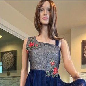 Long dark blue and gold party wear dress